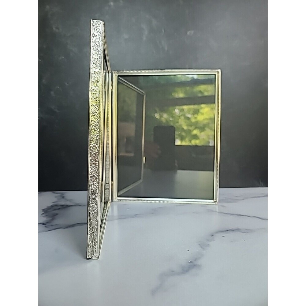 Floral Silver Tone Metal Folding Desktop Picture Frame Vintage